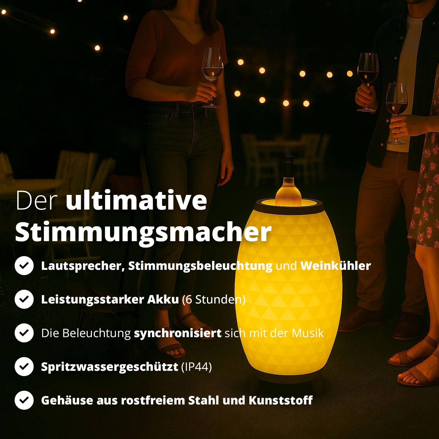 FLINQ Tragbarer Bluetooth Lautsprecher LED Lampe Bali - Weiß - XL | Mit Weinkühler - Bluetooth Box - Spritzwasserdicht - Für Innen und Außen