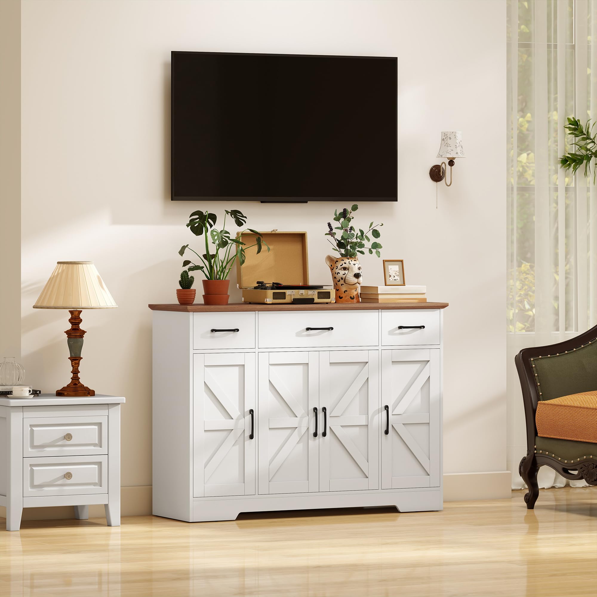 HOMCOM Aparador de Cocina Rústico, Armario de Cocina con 4 Estantes de Puerta, 3 Cajones, Estantes Ajustables, Puerta con Cierre Suave, Mueble de TV para 48-55 Pulgadas, 120x38x87 cm, Blanco y Nogal