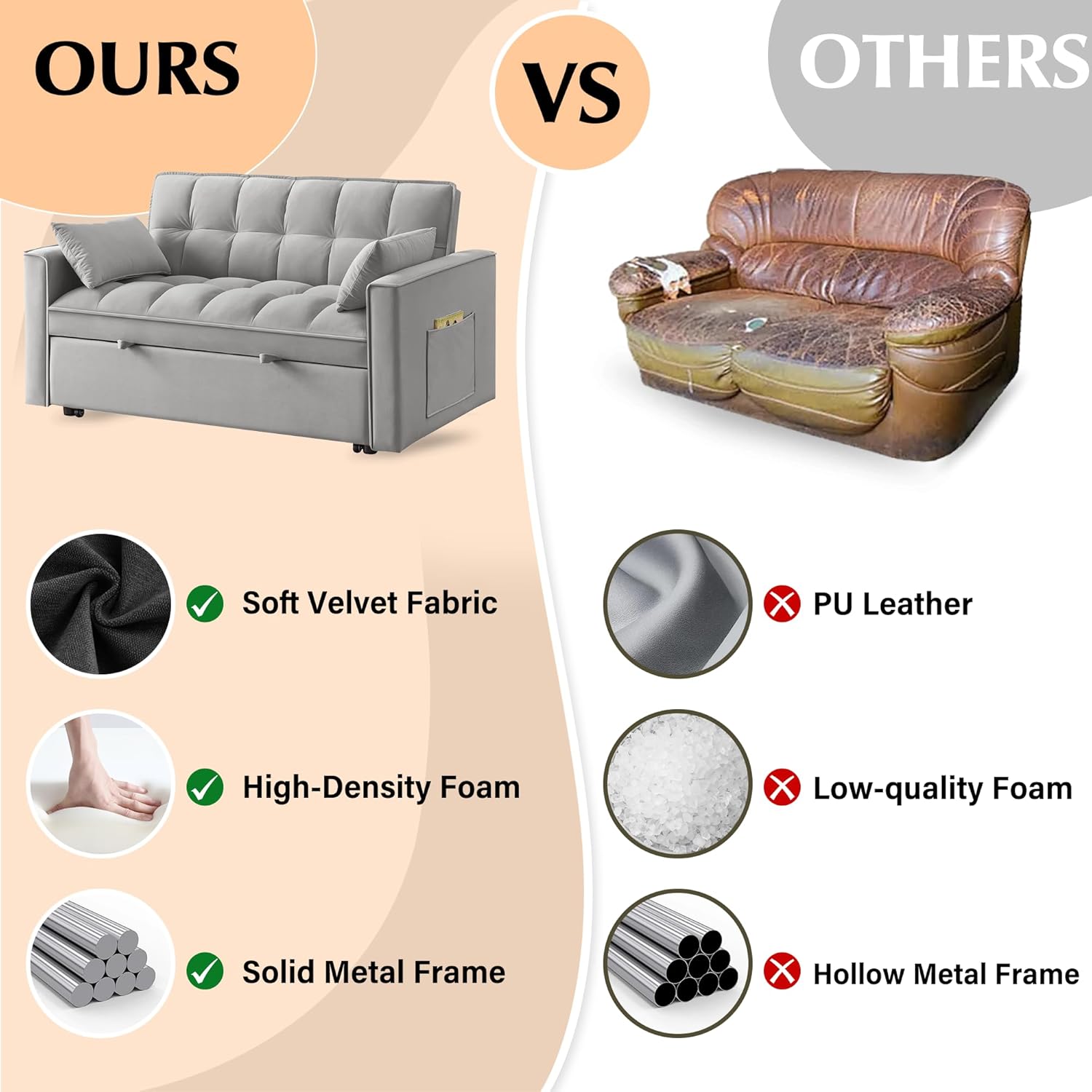 3 in 1 Sleeper Sofa Couch Bed, Velvet Convertible Sofa Bed with Armrests, Storage Pockets & 2 Pillows, Modern Sofa Bed Couch for Living Room Apartment Bedroom Office, Gray