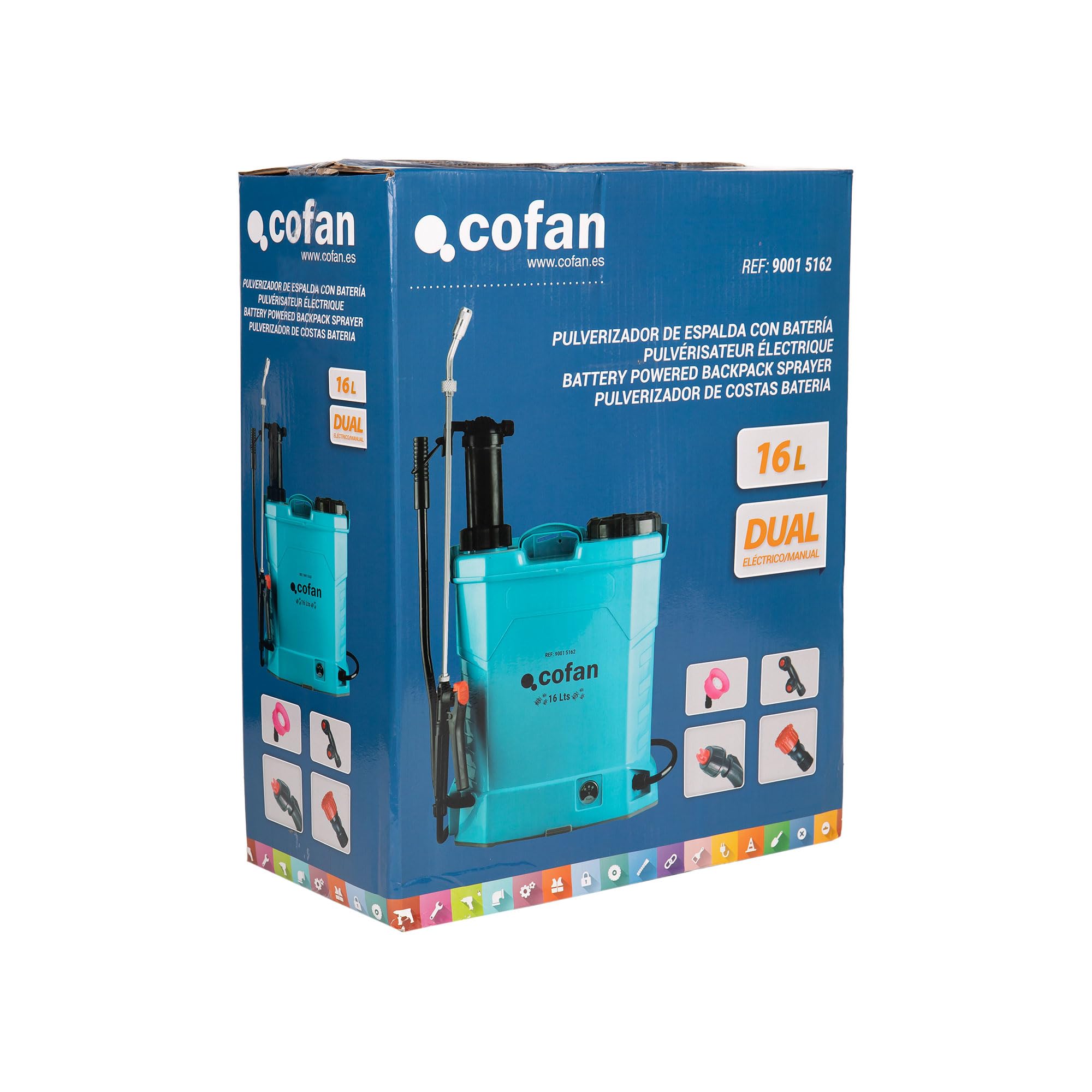 Cofan Pulverizador de espalda eléctrico | Capacidad: 16 litros | Batería de litio 12 V 8Ah | Doble uso manual y automático | Lanza 60 cm | 4 Boquillas | Correas acolchadas