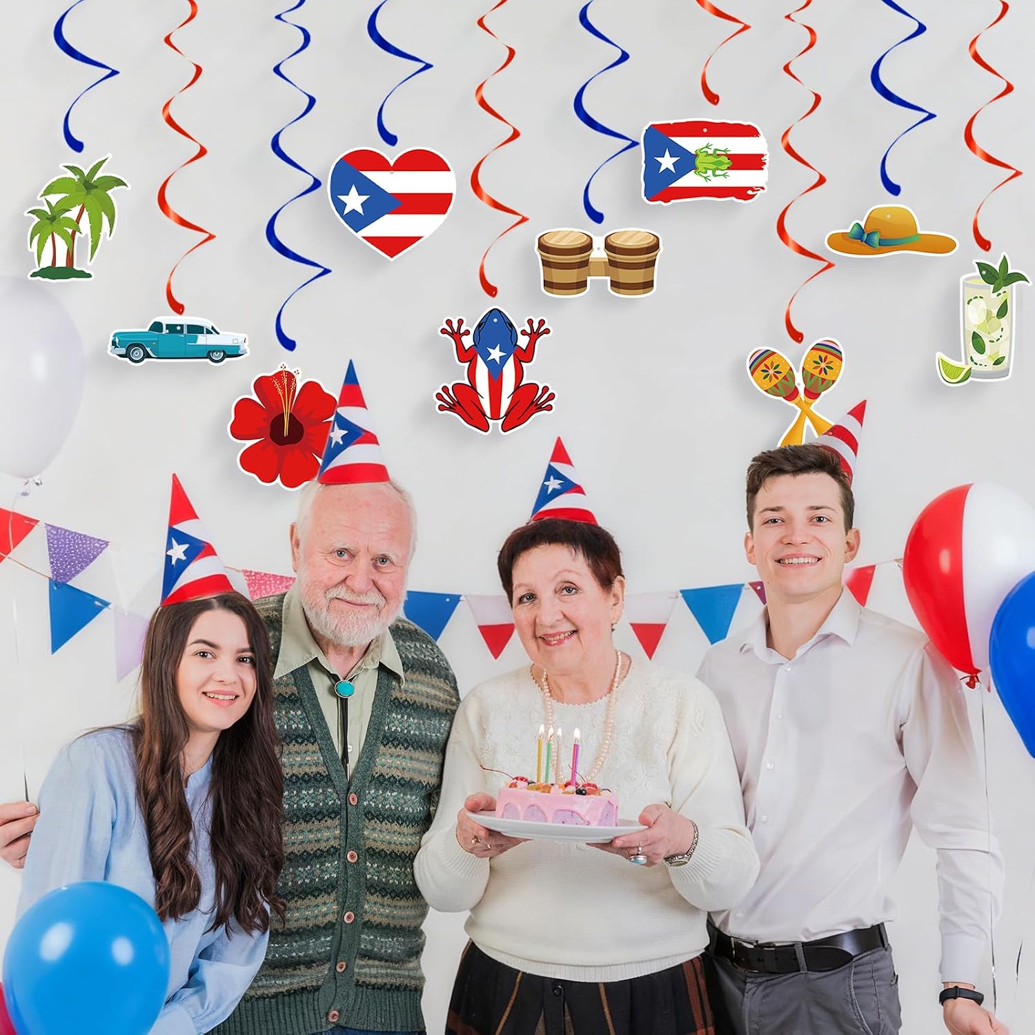 24 Pcs Puerto Rico Hanging Swirls Decorations, Red and Blue Foil Ceiling Swirls with Coquí Frog, Flag, Hibiscus, Maracas, and Tropical Design for Boricua Birthday, Fiesta, and Heritage Party Supplies