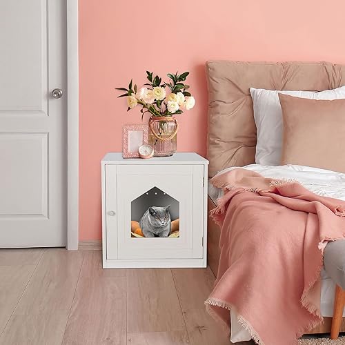 Miniatura 8 de ZENY Casa para gatos y mesa auxiliar, caja de arena para gatos con orificios de ventilación, baño cerrado de madera para gatos, color blanco