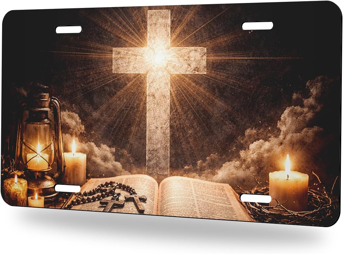 Jesus Cross Front License Plate Christian Faith Car Decorative License Plates Aluminum Metal Decor Accessory Novelty Vanity Tag Cover with 4 Holes for Men Women 6" X 12" image 2