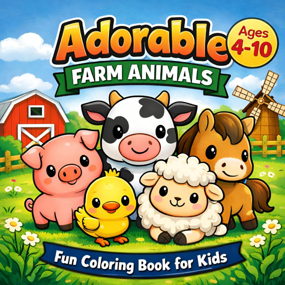 Adorable Farm Animals: Fun & Easy Coloring Book for Kids Ages 4–10 (Adorable Animals Series)
