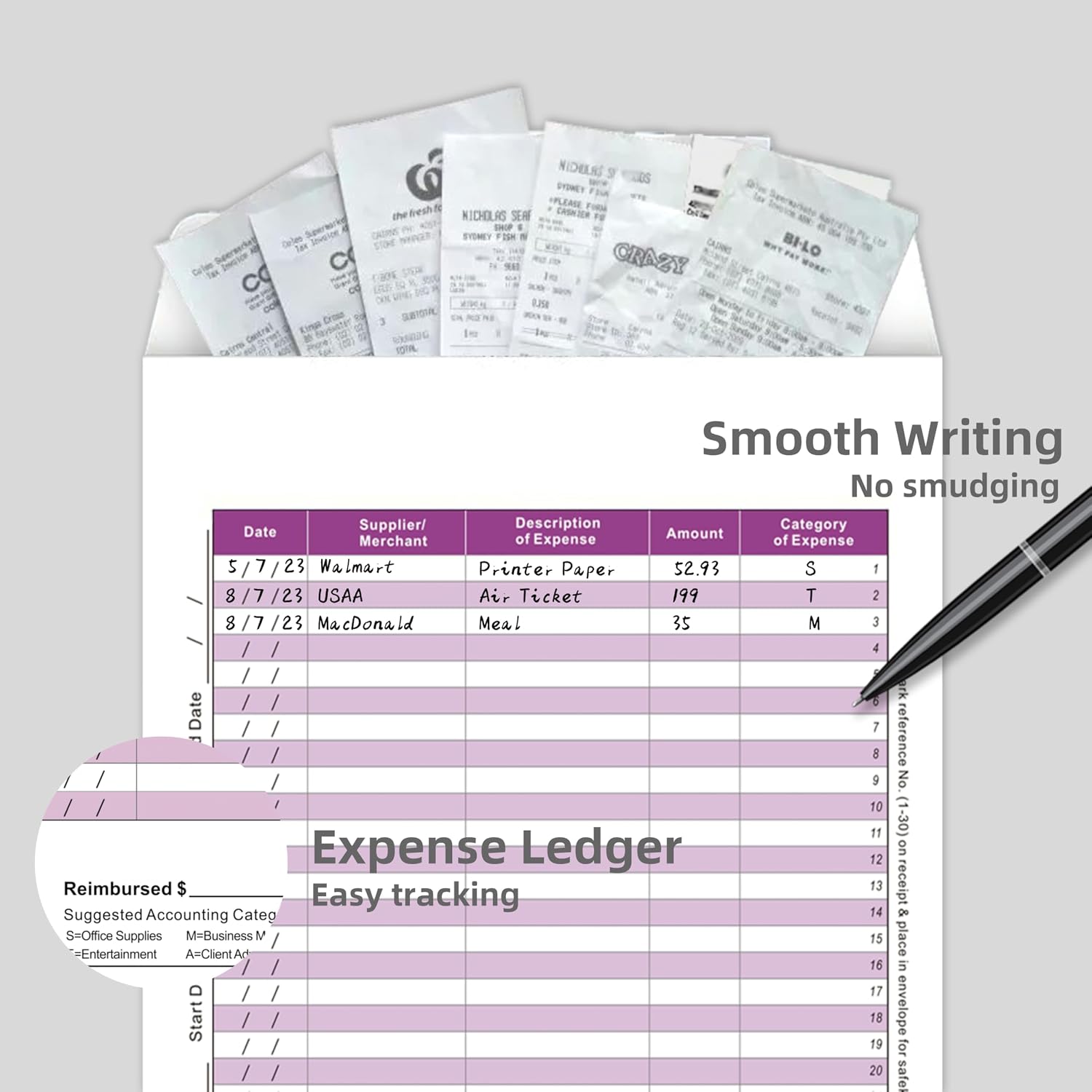 Receipt Organizer Envelopes with Mileage Log Book and Expense Ledger,Business Expense Tracker and Cost Record for Receipts Storage, 12-Pack, 6.5x9.5 Inches, Purple image 5