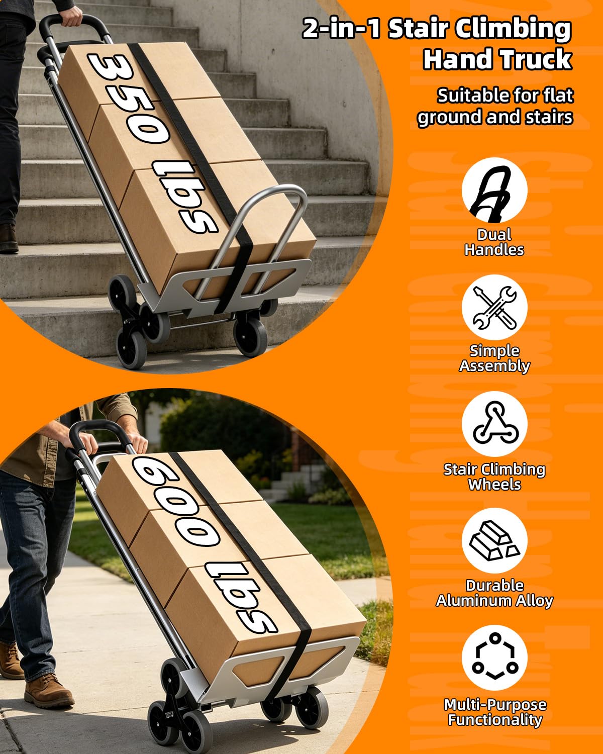 Aluminum Hand Truck Dolly - 600lb Capacity, Stair Climbing -2