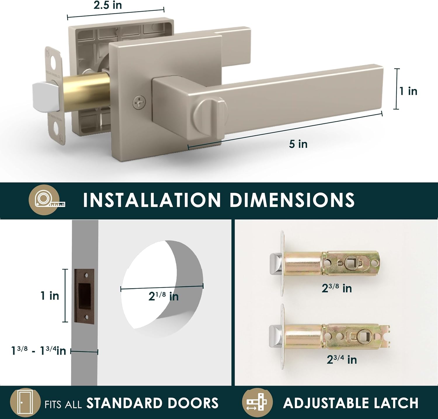 Mega Handles ROBELL Privacy Door Handle with Lock, Door Handles for Bedrooms & Bathroom, Modern Interior Door Levers with Handle Lock - Satin Nickel (1 Pack)