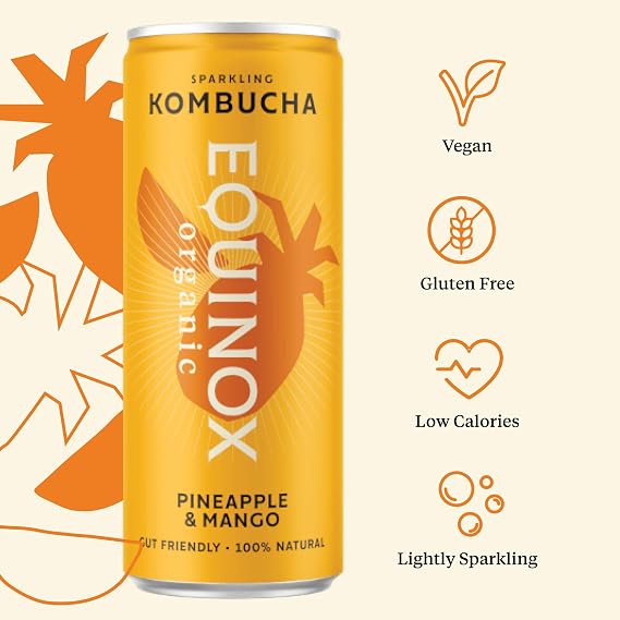 Equinox Kombucha Drink Pineapple & Mango Real Fruit Kombucha Flavours (12 x 250ml) | Authentic Craft Kombucha Drink Brewed in UK with SCOBY, Green Tea & Raw Cane Sugar | No Sweeteners & 100% Natural