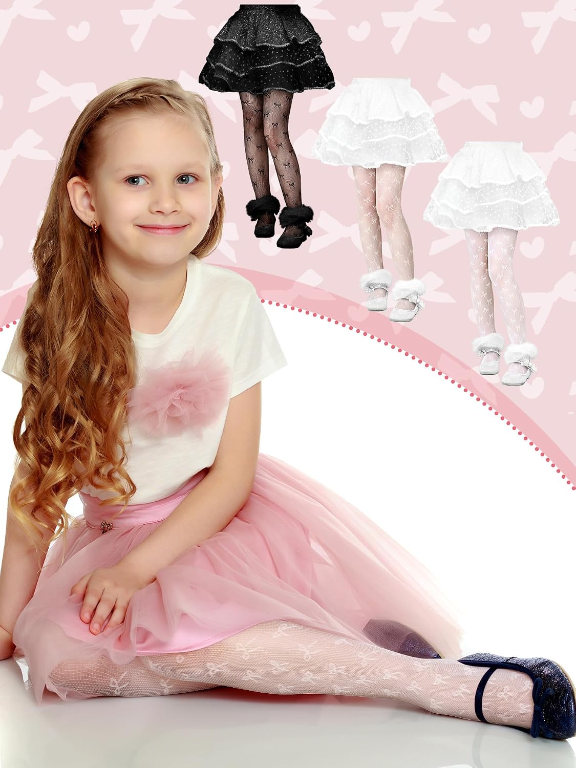 Fourluoo 3 Pairs Girls Lace Tights for First Communion Kids Sheer Fishnet Stockings Toddler Dance Pantyhose