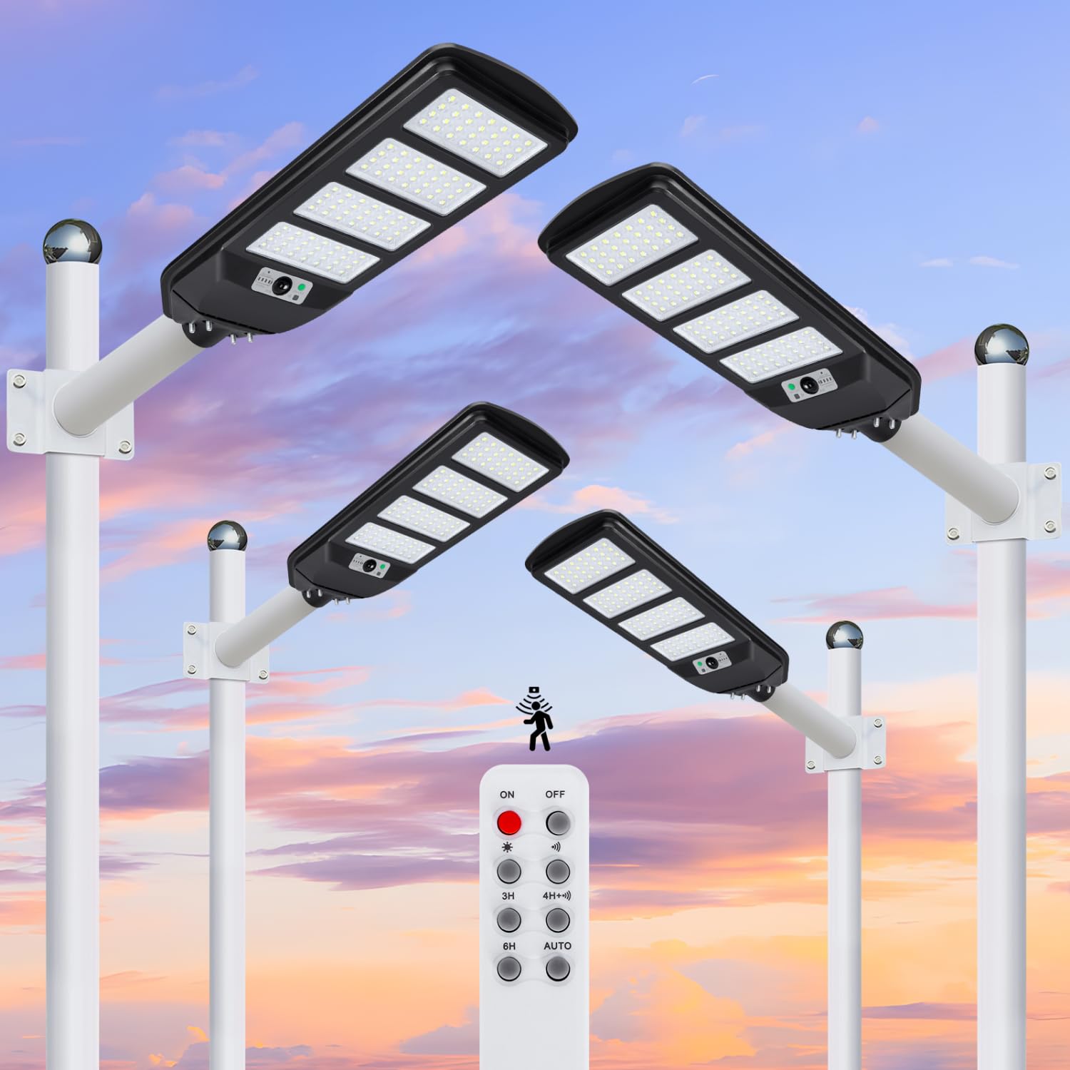 Aigostar- 4Pz 200W Lampione Solare da Esterno con Sensore di Movimento, Telecomando, Impermeabile IP65, 2000LM Luce Fredda 6500K, Lampioni Solari LED per Giardino, Cortile, Strada,Non Include il Palo