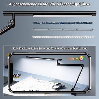 Verski Desk Lamp LED Dimmable 18 W Double Light Source Desk Lamp for Home Office Clampable Eye Protection Daylight Lamp 5 Colour Temperatures and Brightness Adjustable Office Table Lamp [Energy Class A]