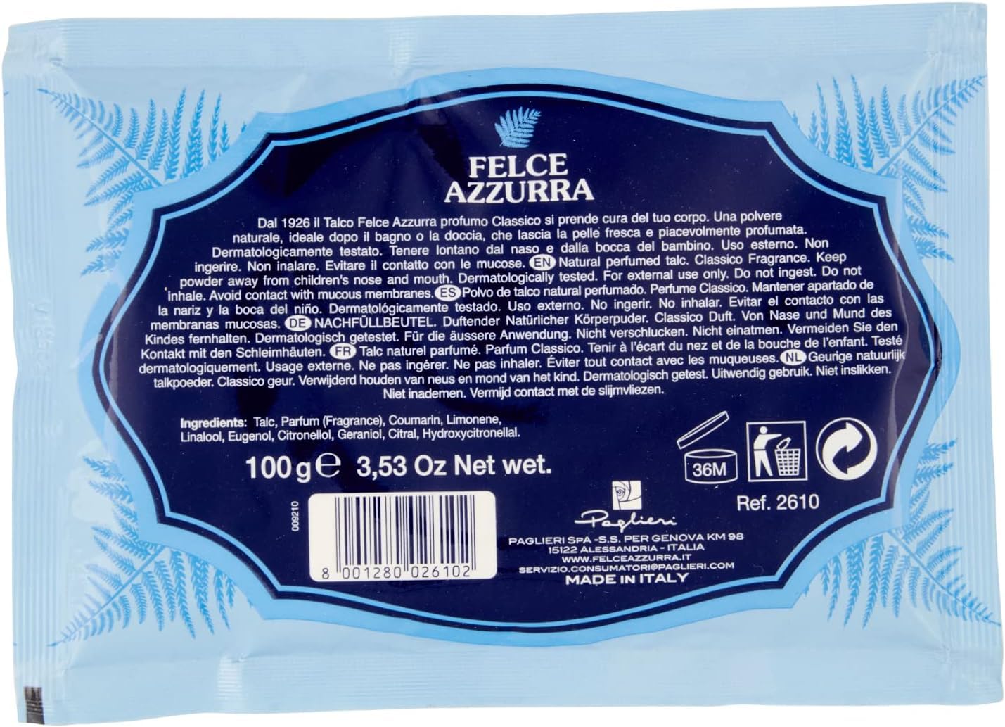 PAGLIERI Felce Azzurra Talco Classico Lot de 20 sachets de poudre pour le corps Talc Talc 100 g + Polpa italien Gourmet 400 g