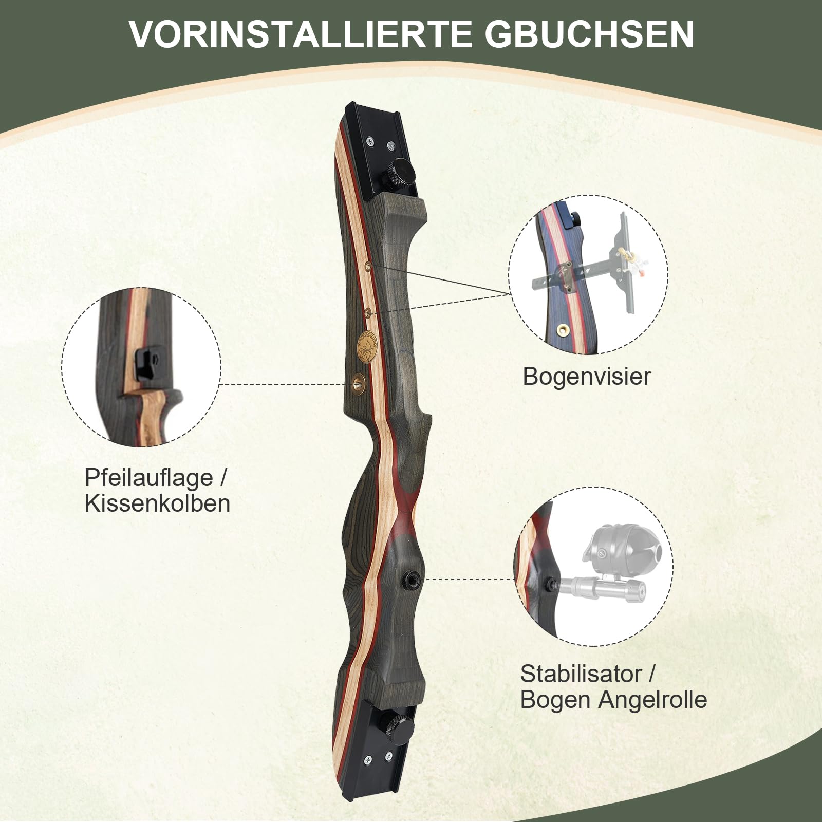 TOPARCHERY Recurve Bogen 62" Bogenschießen Takedown Hunting Recurve Bow für Erwachsene 20-50lbs Holzbogen Longbogen jagdbogen mit Stringer Rechte Hand