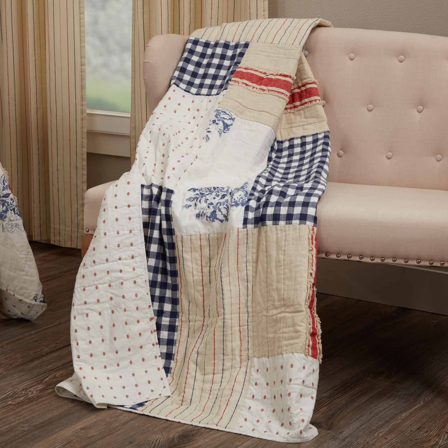 Piper Classics Betsy Quilted Throw, 55" W x 70" L, Patchwork of Cream, Red, White, Blue, Americana, Patriotic