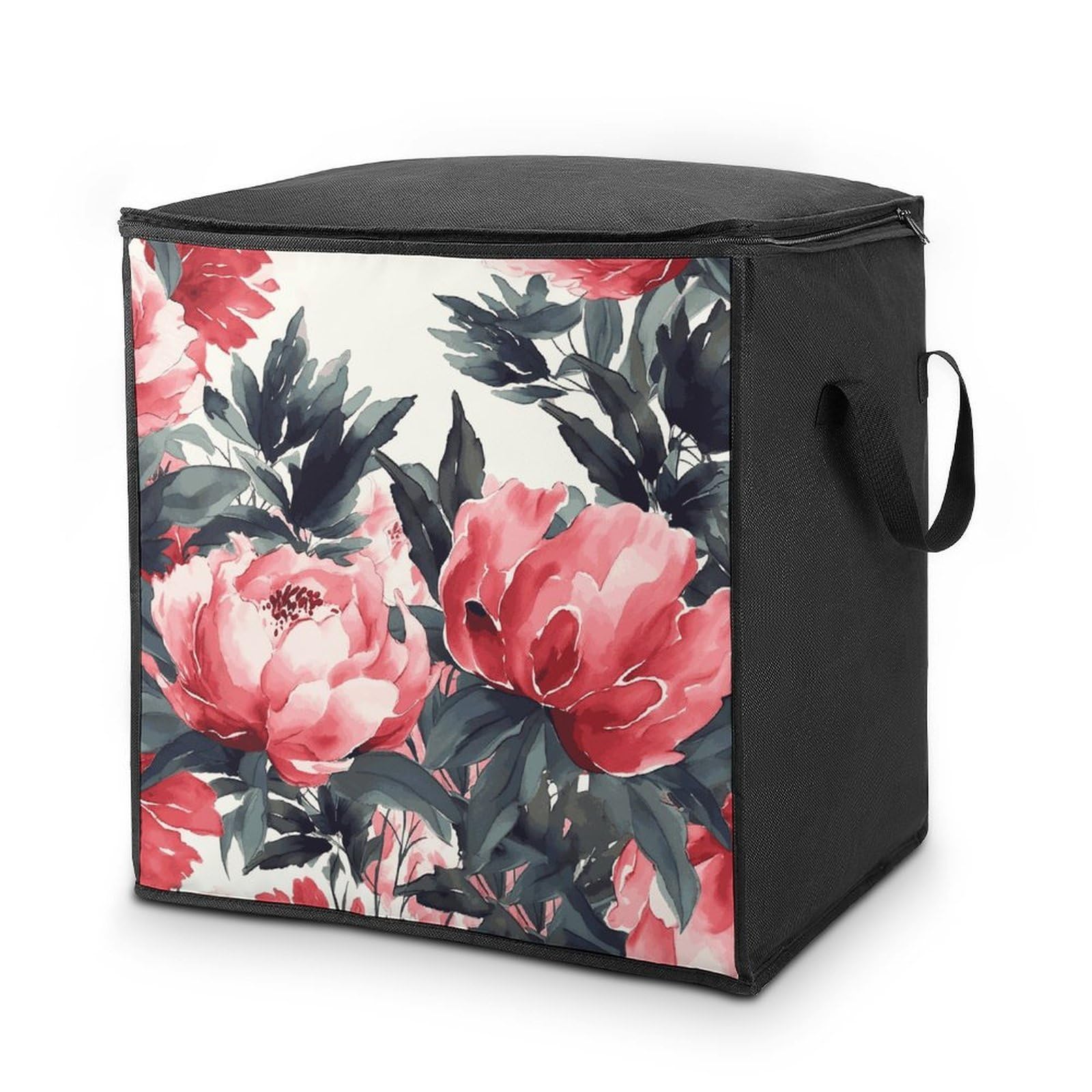 Peonies Spring Storage Bag with Zippers And Handle Extra Large Bedding Comforter Storage Bag Foldable Blanket Storage Bags Fabric Moving Bags for Closet Organizer (70L)