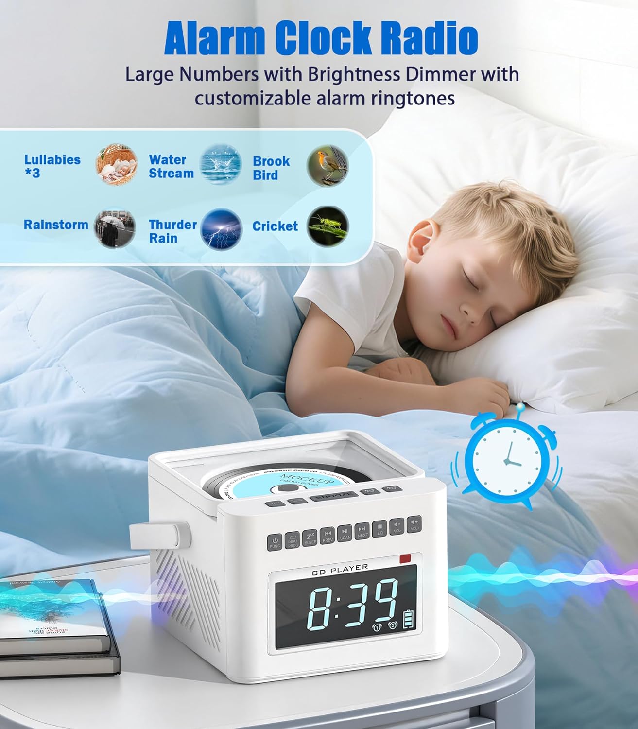 Greadio CD Player Alarm Clock Boombox with Bluetooth, 5000mAh Boombox Clock Radio with CD Player, White Noise, FM/AUX/USB/TF/Dimmer/Remote Control, Large LCD, Portable CD Radio Player for Home (White)