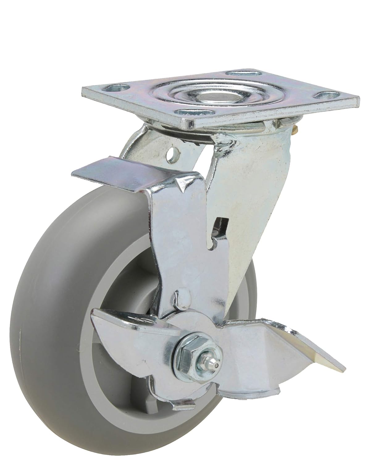 6x2 Swivel Caster with Crowned Non-Marking Thermoplastic Rubber Wheel and Brake with 4x4-1/2 Mounting Plate