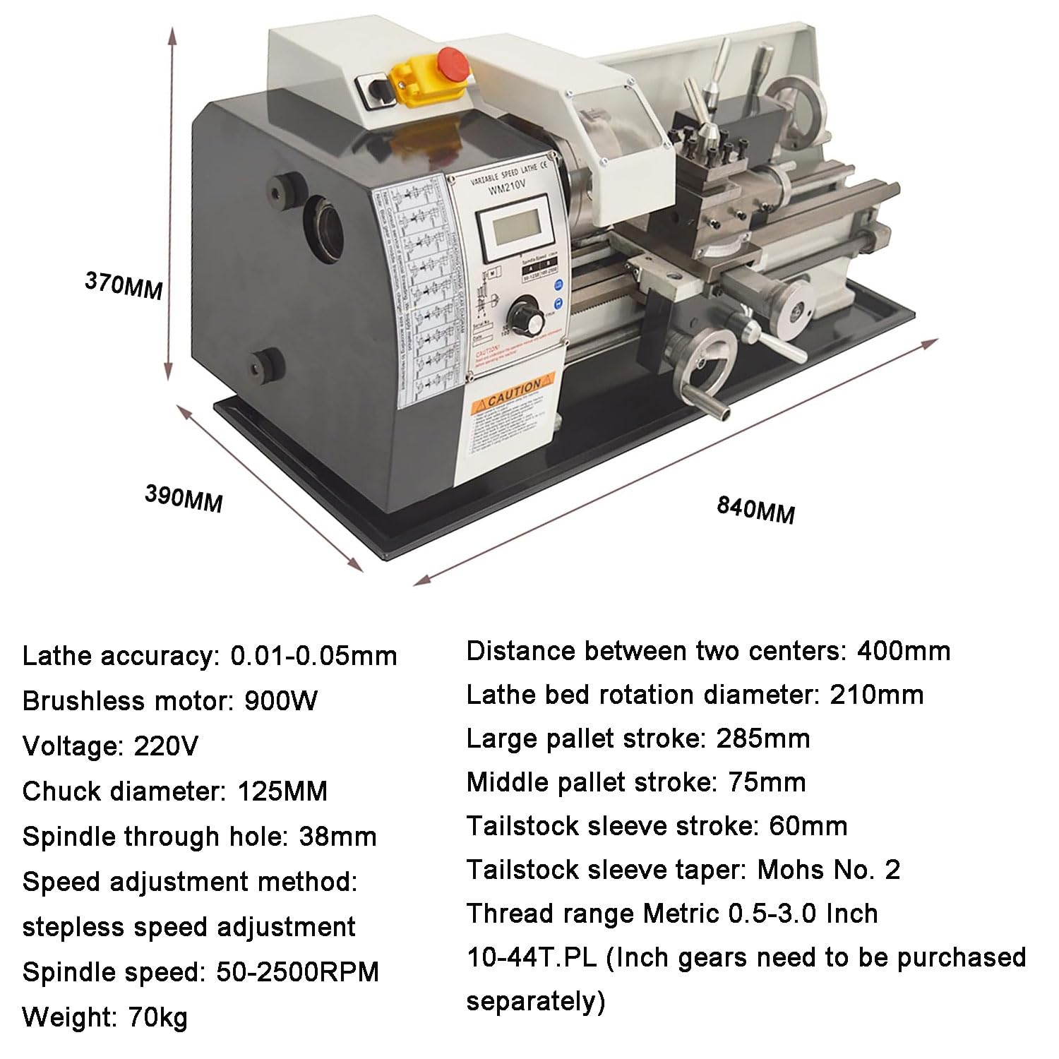 JOSBY Tornio da banco per Metallo di precisione metrica, fresatrice per tornio in Miniatura da 900 W, velocità variabile Continua 50-2500 Giri/min, Foro Passante del mandrino da 38 mm
