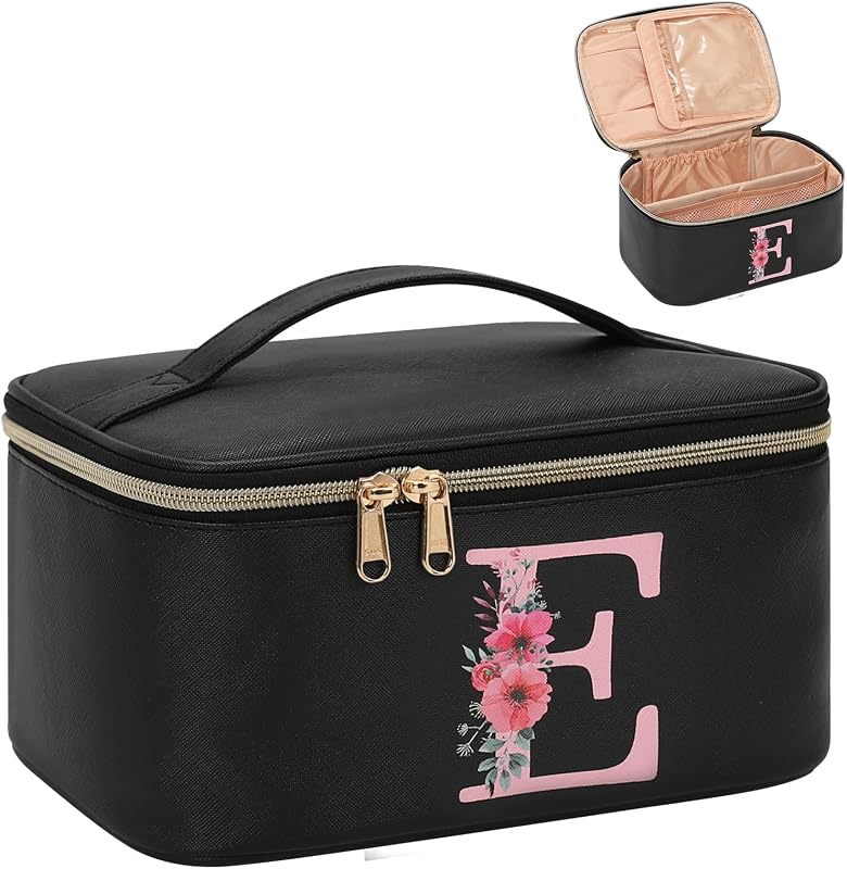 Necessaire de maquiagem OCHEAL preta com inicial, porta-pincéis e bolsos internos, Modelo E