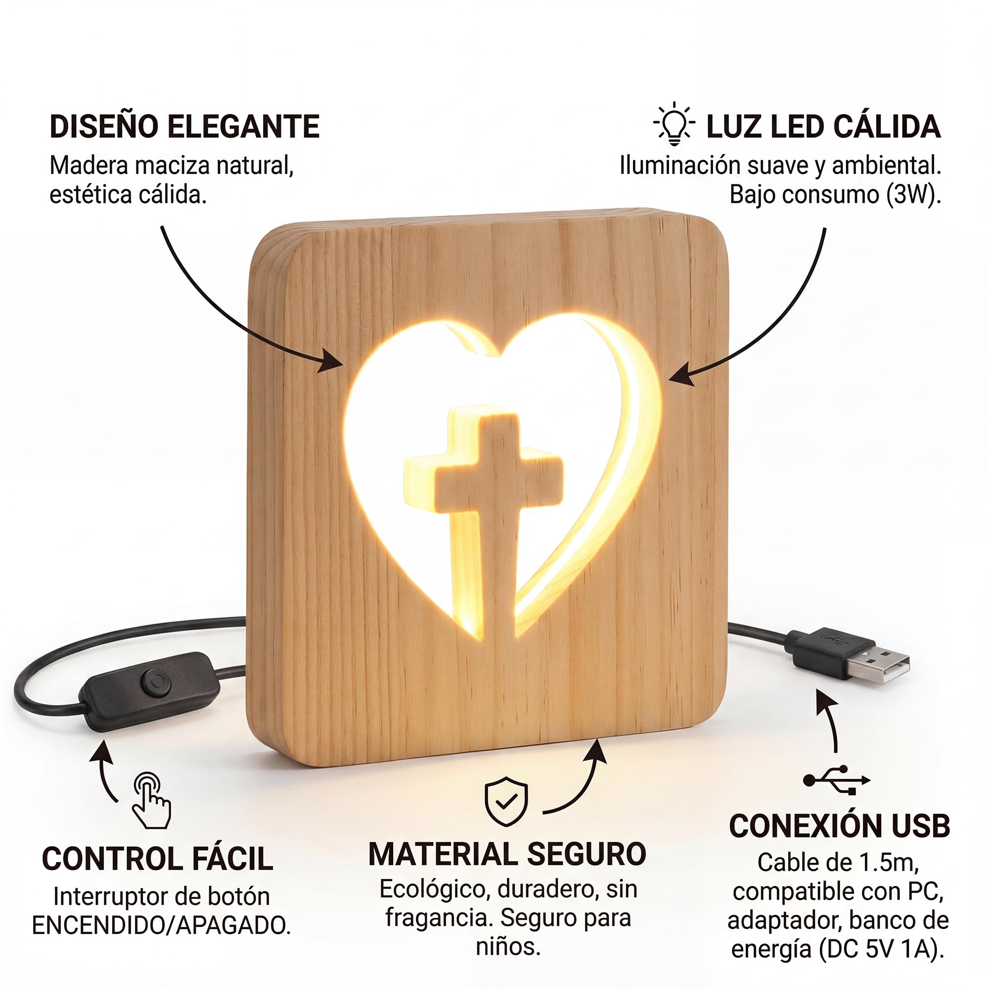 Lámpara de Mesa Cruz Madera – Luz de Noche Infantil Quitamiedos LED Cálida – Lámpara Cubo Cuadrada Decoración Religiosa Moderna – Regalo Original Primera Comunión Niña y Niño, Bautizo y Bebé