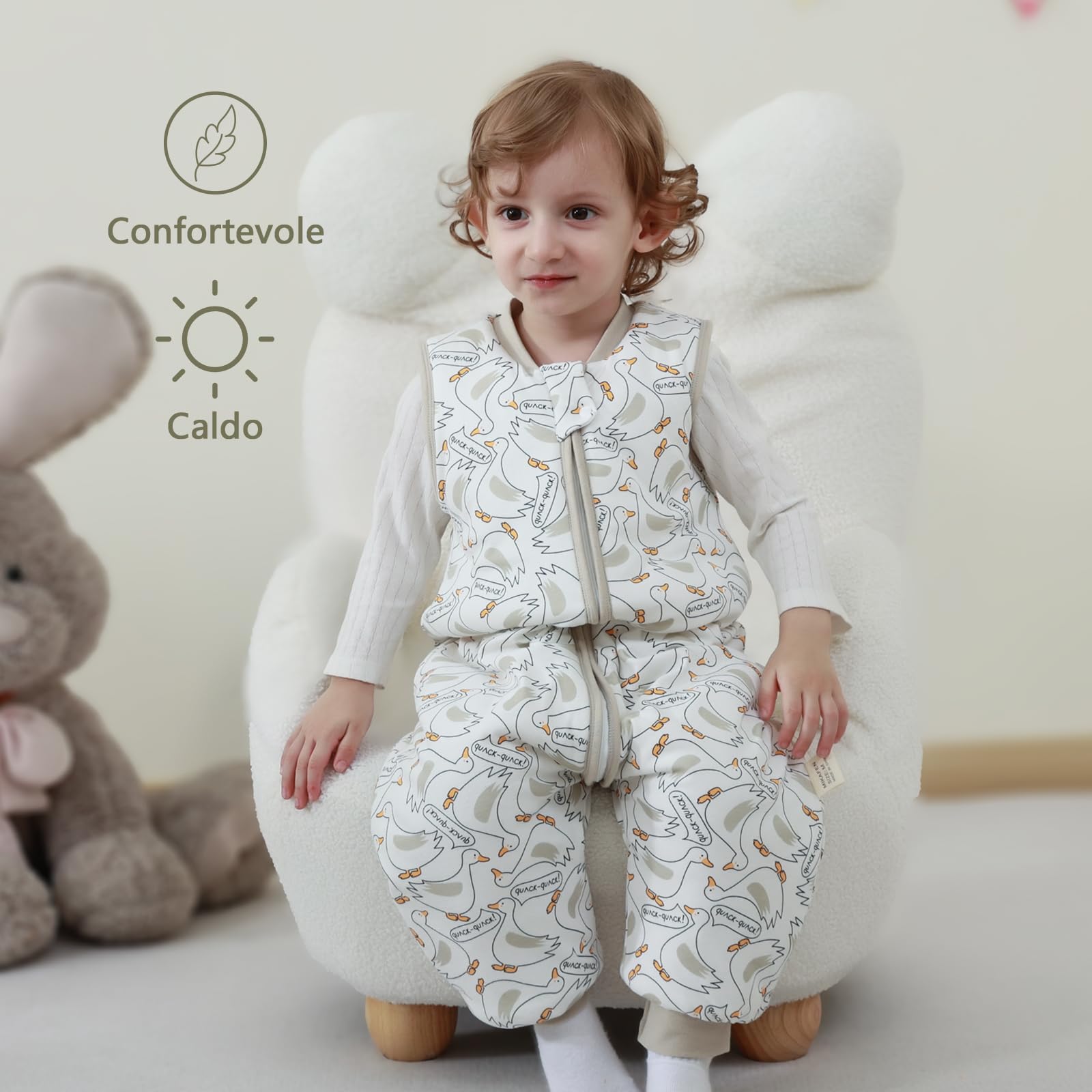 MIKAFEN Bambini Sacco nanna invernale con gambe 2,5 Tog,100% cotone,Sacco nanna con piedini,85-95 cm/18-36 mesi,Anatra