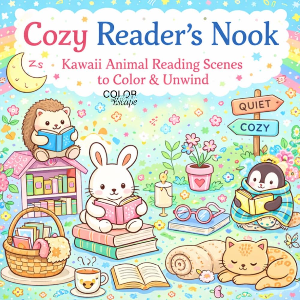 Cozy Reader’s Nook: Kawaii Animal Reading Scenes to Color & Unwind