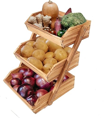 Miniatura 5 de Cesta de fruta de madera de 3 niveles para cocina, cesta de frutas y verduras para pan, soporte para tazón, cuenco de frutas de granja para