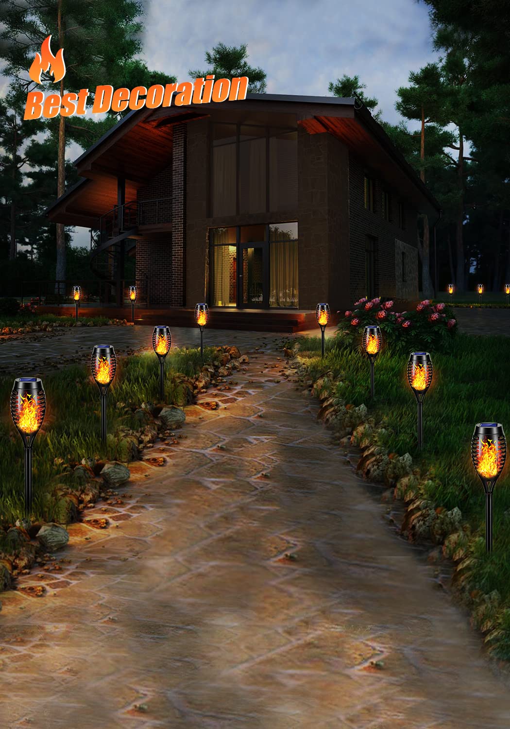 FLOWood 6er-Set Solarleuchten Für Draußen – 12 LED Fackeln Mit Echtem Flammeneffekt, IP65 Wasserdicht, Perfekt Für Garten, Weg, Terrasse & Rasen 12 LEDs