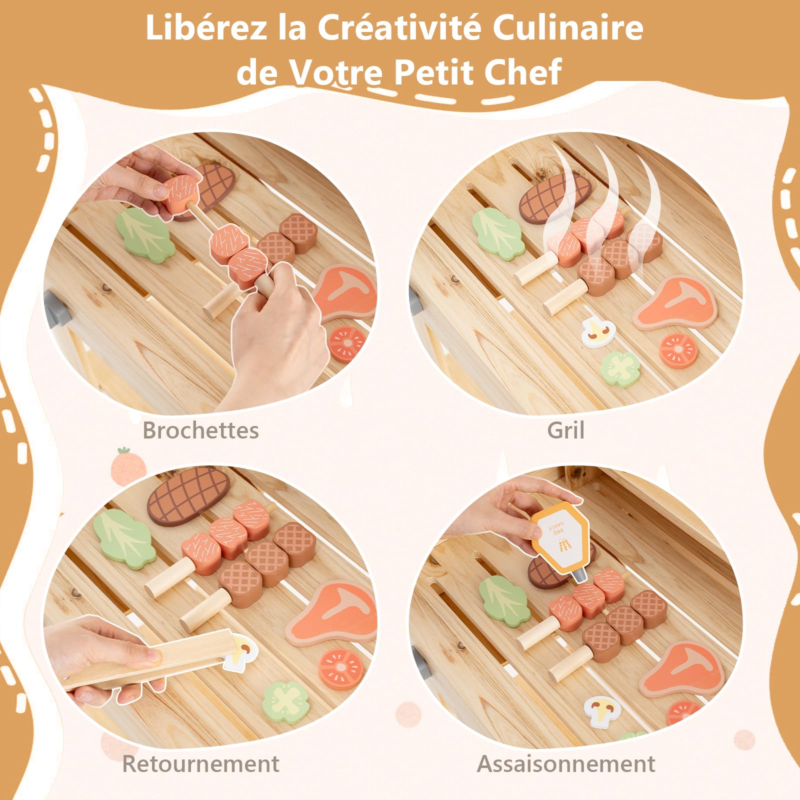 GOPLUS Barbecue en Bois Enfant, Jeu BBQ Set avec Nourriture de Jeu, Outils de Gril et Bouteilles d'Assaisonnement, Jouet de Cuisine Intérieur/Extérieur pour Enfant 3+ Ans