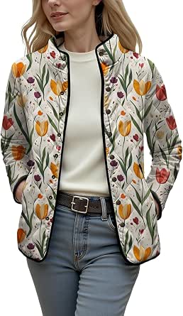 Women's Floral Print Lightweight Puffer Jacket with Stand Collar