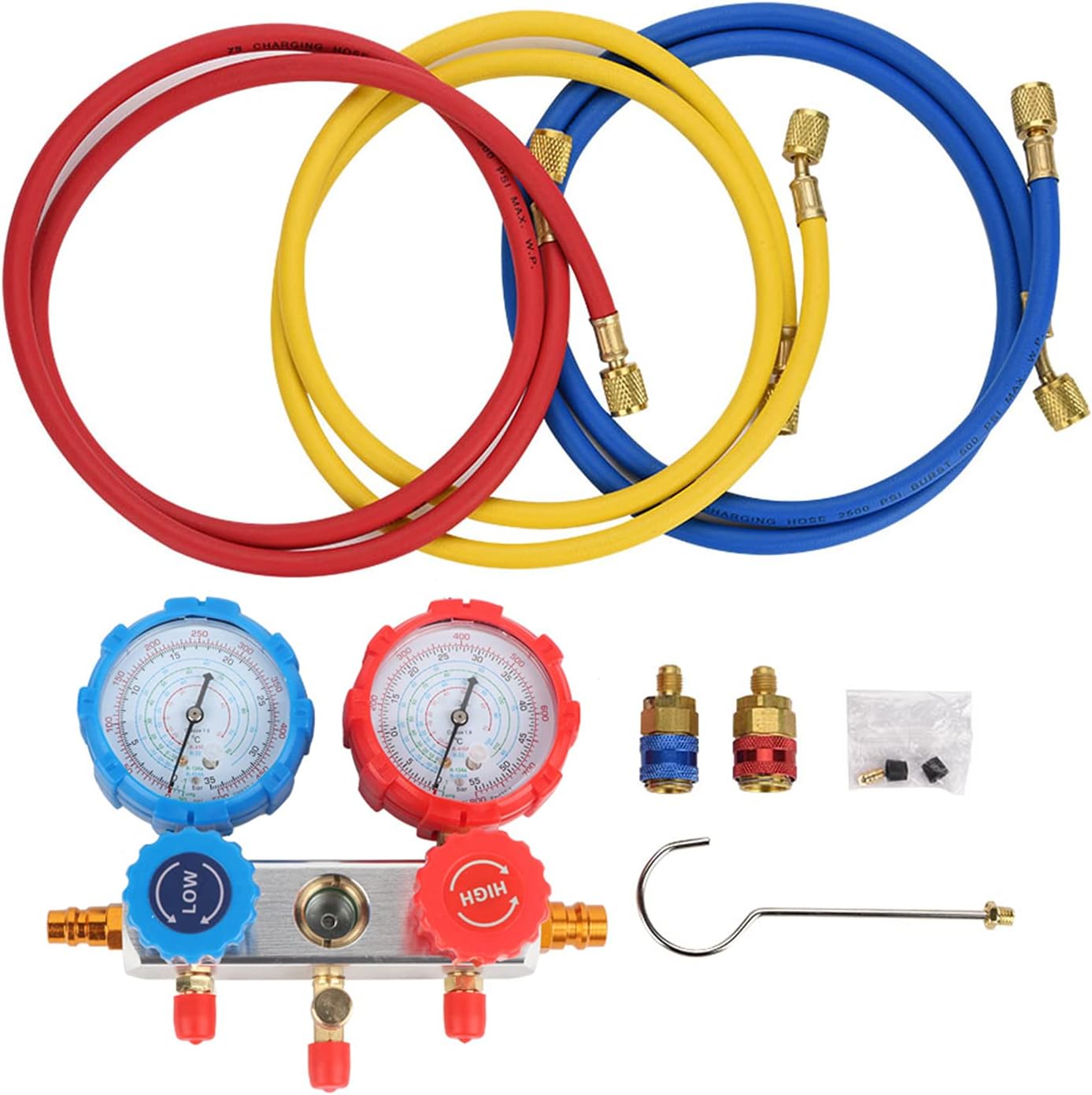 0-500 PSI Refrigerant Manifold Gauge Set, AC Diagnostic Tool Kit with Dual Gauges and Recharge Hoses for R134a R22 R410a, Includes Quick Coupler Adapter Valve for Automotive Air