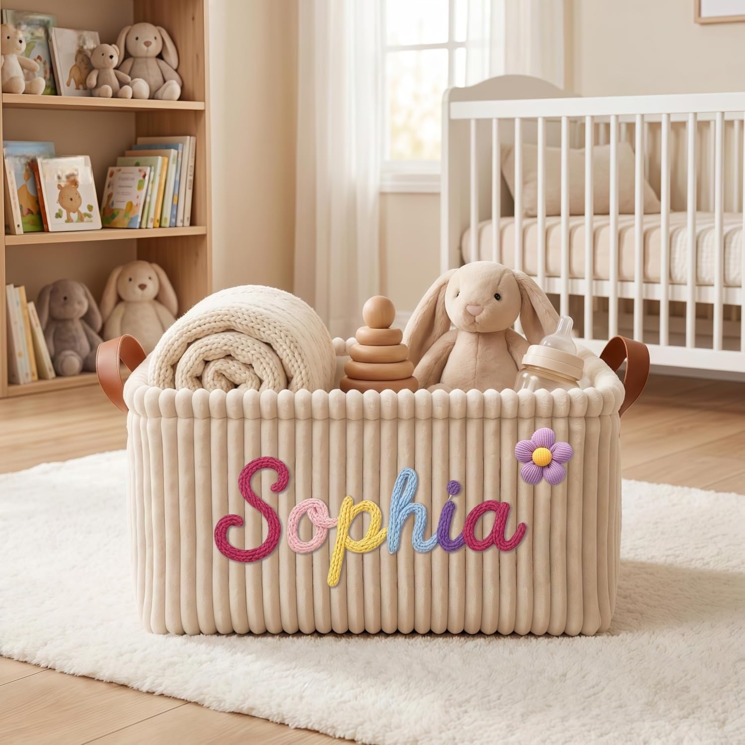 Personalised Baby Shower Basket for Newborn, Custom Name Corduroy Caddy Bin, Nursery Closet Laundry Organizer Container Gift for New Mom