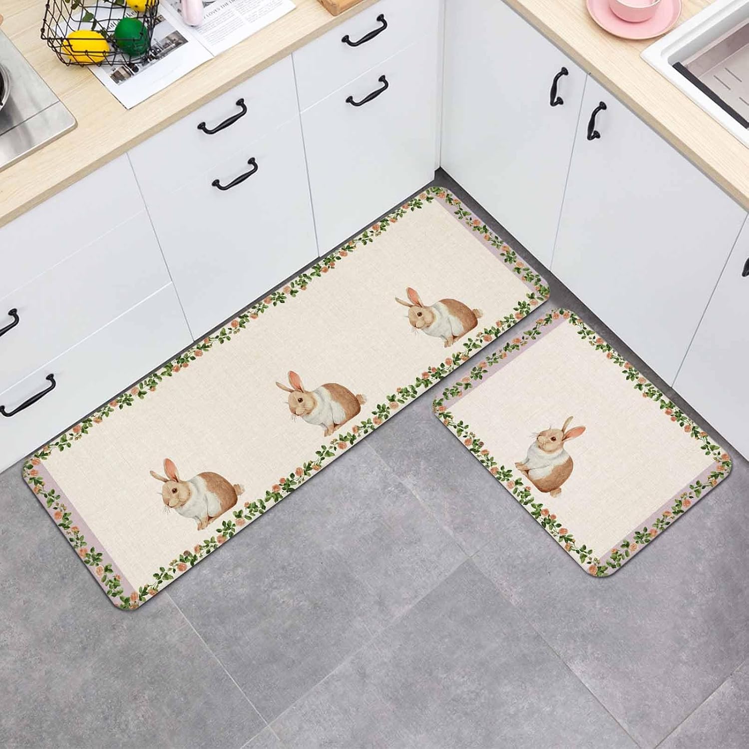 Cute Rabbit Kitchen Mat Set 2 Pieces Spring Pink Rose Flower Green Leaf Purple Border Linen Non Slip Kitchen Rugs Washable Runner Rug Mats for Floor Sink Laundry Office 23.6" x 35.4"+23.6" x 70.9"