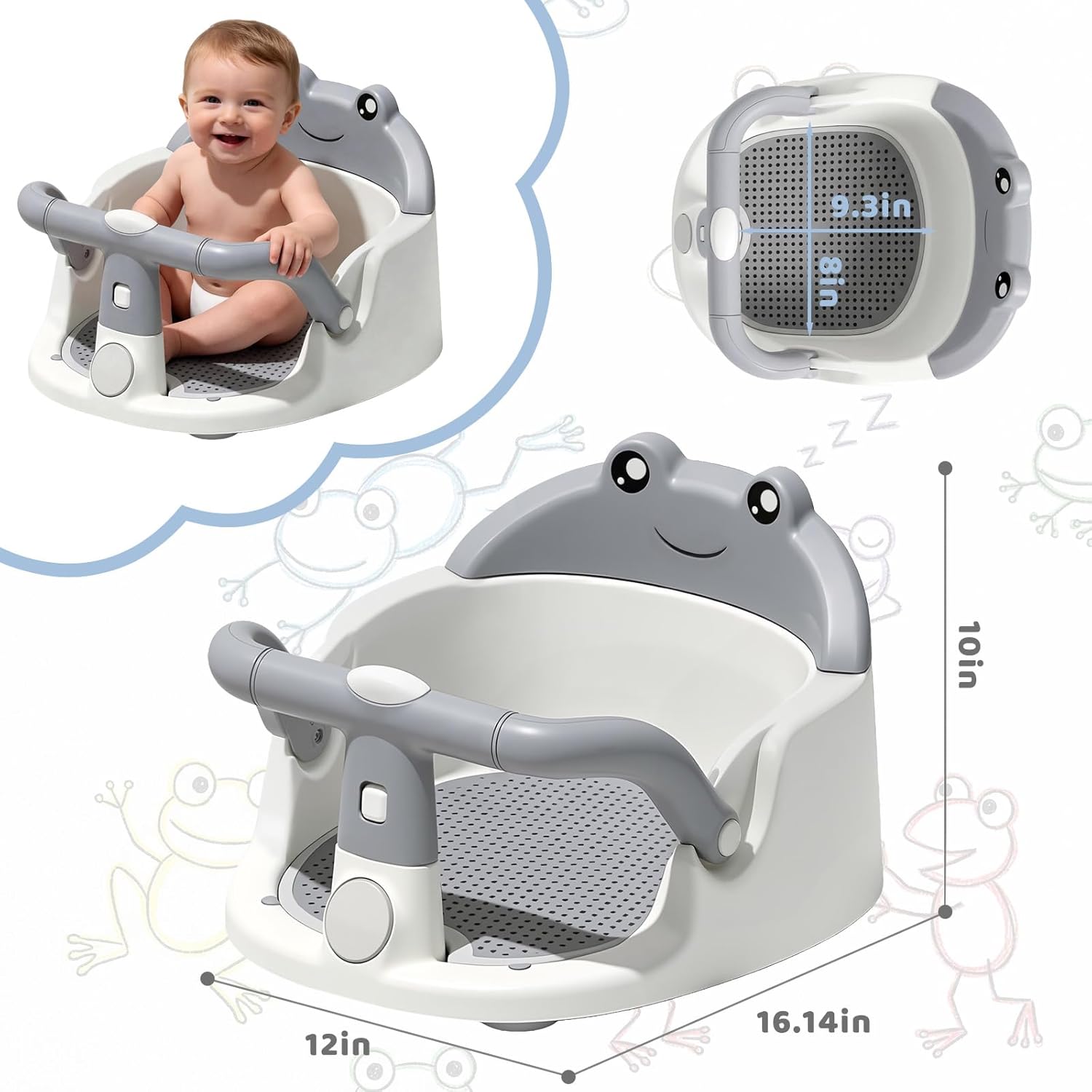 Baby Bath Seat for Babies 6 Months & Up, Non-Slip Toddler Bath Seat with Suction Cup, Safe and Comfortable Portable Infant Bathtub Chair for Bathroom, Bathtub Tub Sitting Up, Easy to Clean (Grey)