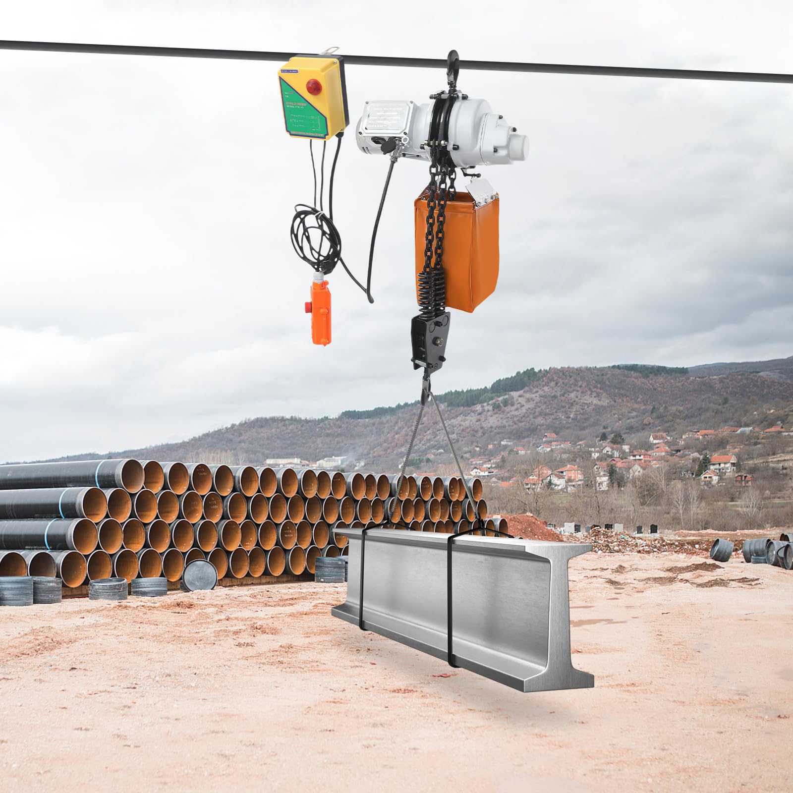 Paranco a catena, 1000 kg, cavo elettrico 1300 W, altezza di sollevamento 6 m, telecomando senza fili, protezione IP40, per officina e industria (bianco, arancione)