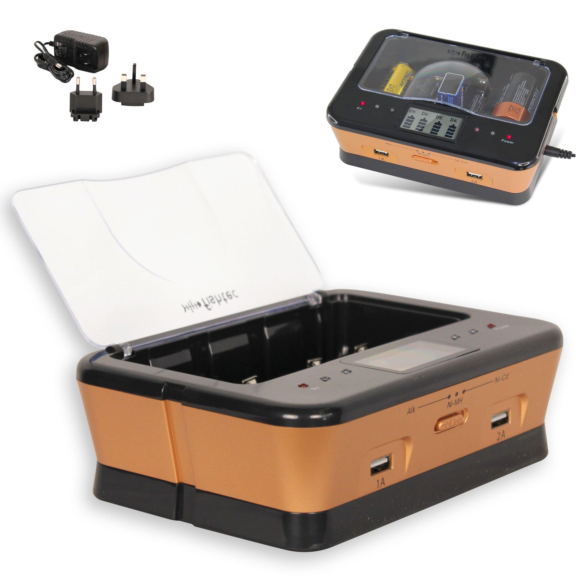 FISHTEC - Chargeur Universel de Piles Rechargeables - LR3 LR6 LR14 LR20 9V Ni-​MH Ni-​CD alcalines - Ecran LCD voyants LED - 2 Ports USB pour Smartphones tablettes Maison Bureau économie de Piles