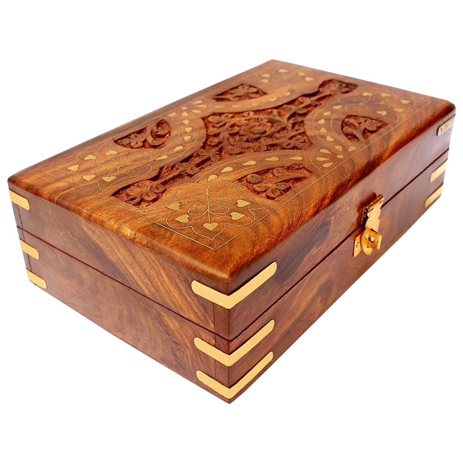 ITOS365 Jewellery Box for Women Wooden Brass Work Flower Carved Design Handmade Gift, 8 Inches ITOS365 Jewellery Box for Women Wooden Brass Work Flower Carved Design Handmade Gift, 8 Inches