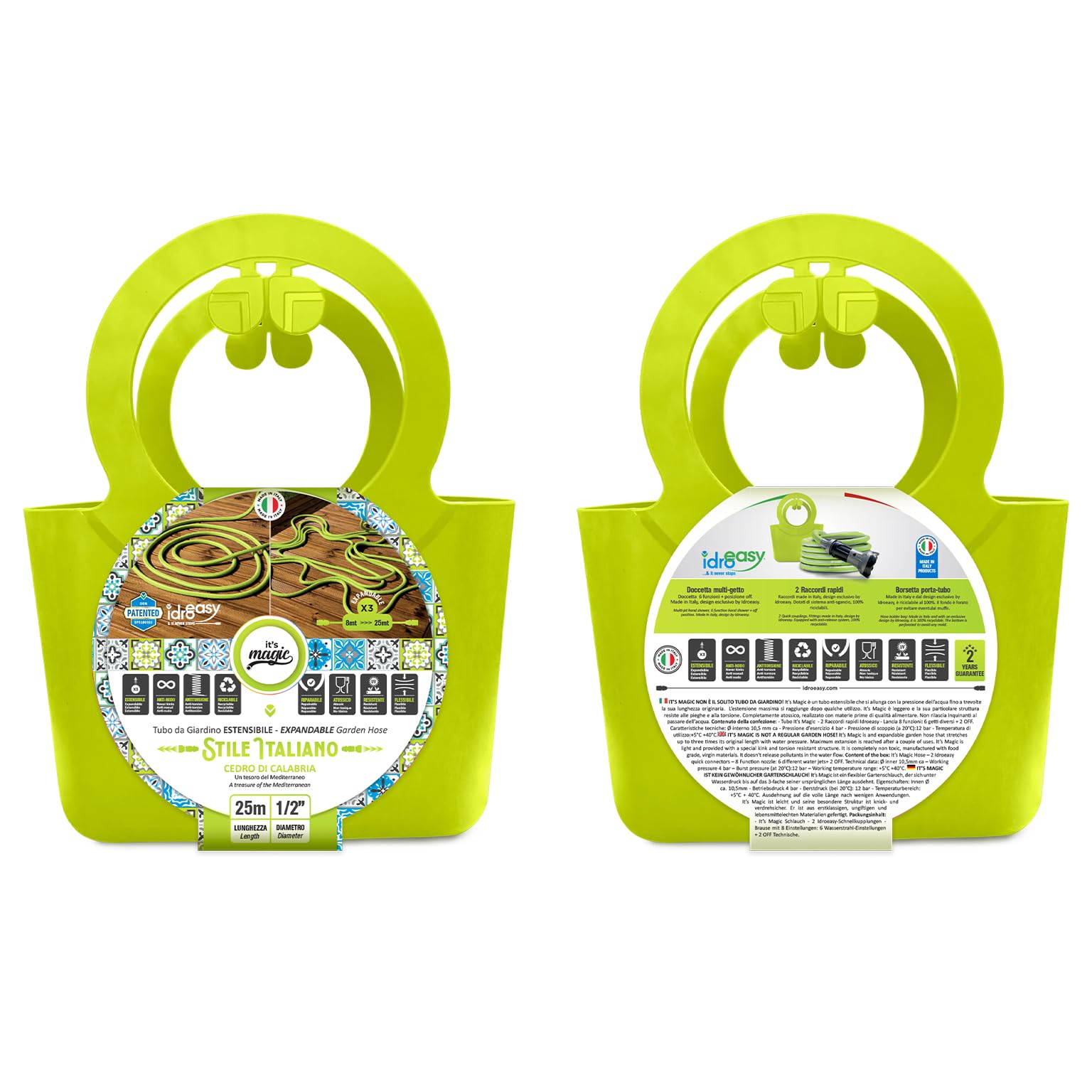 Idroeasy, Tubo Estensibile da Giardino 25 Metri Kit 1/2" con Doccetta, Raccordi e Borsetta, Canna Acqua Estensibile 3x Leggera Anti-Nodo, Tubo Atossico per Terrazzi e Balconi (Lime) Made in Italy