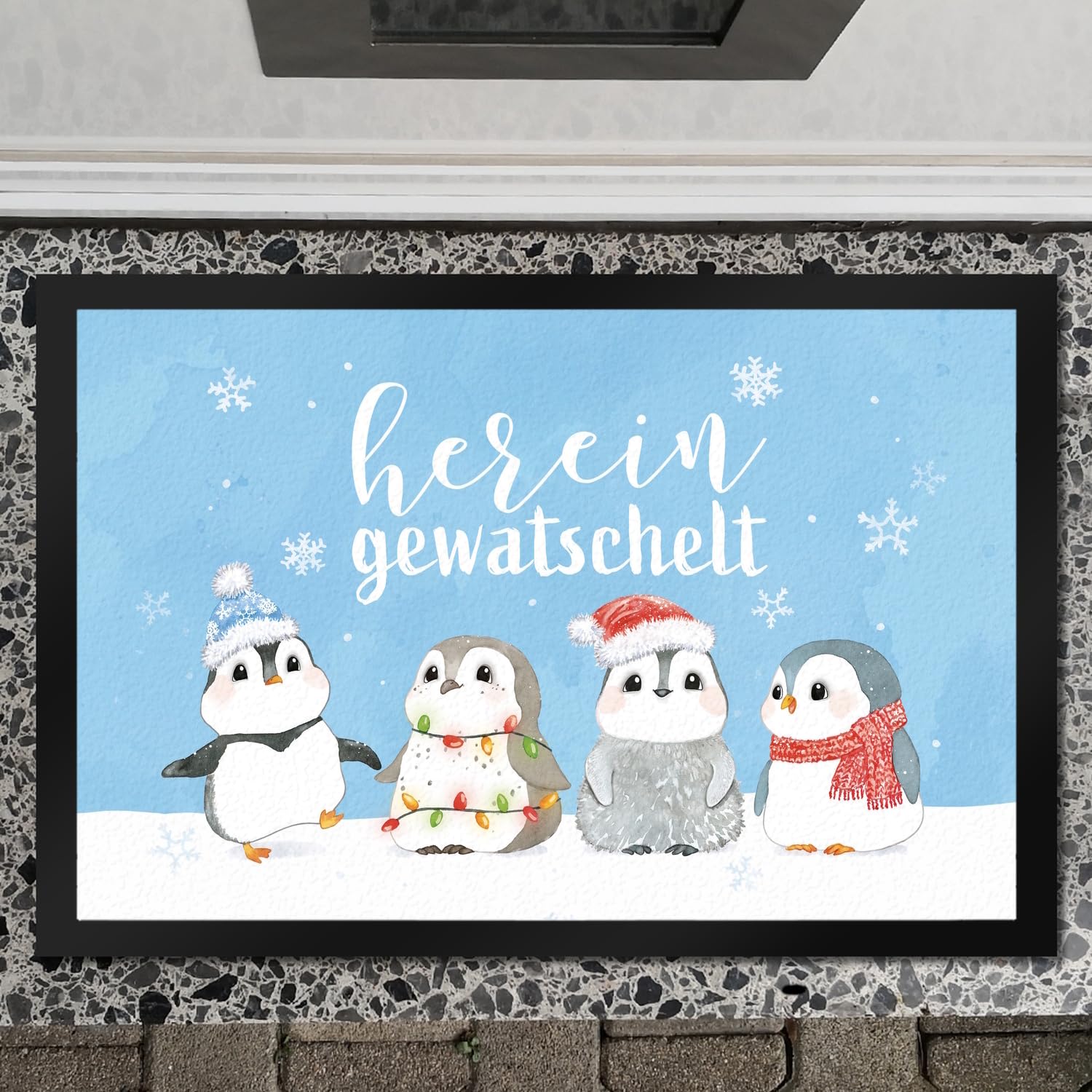 speecheese Pinguin Familie Fußmatte XXL in 50x75 cm mit Spruch Hereingewatschelt eine weihnachtlicher Türvorleger Motiv für Frauen winterliche Fußabtreter