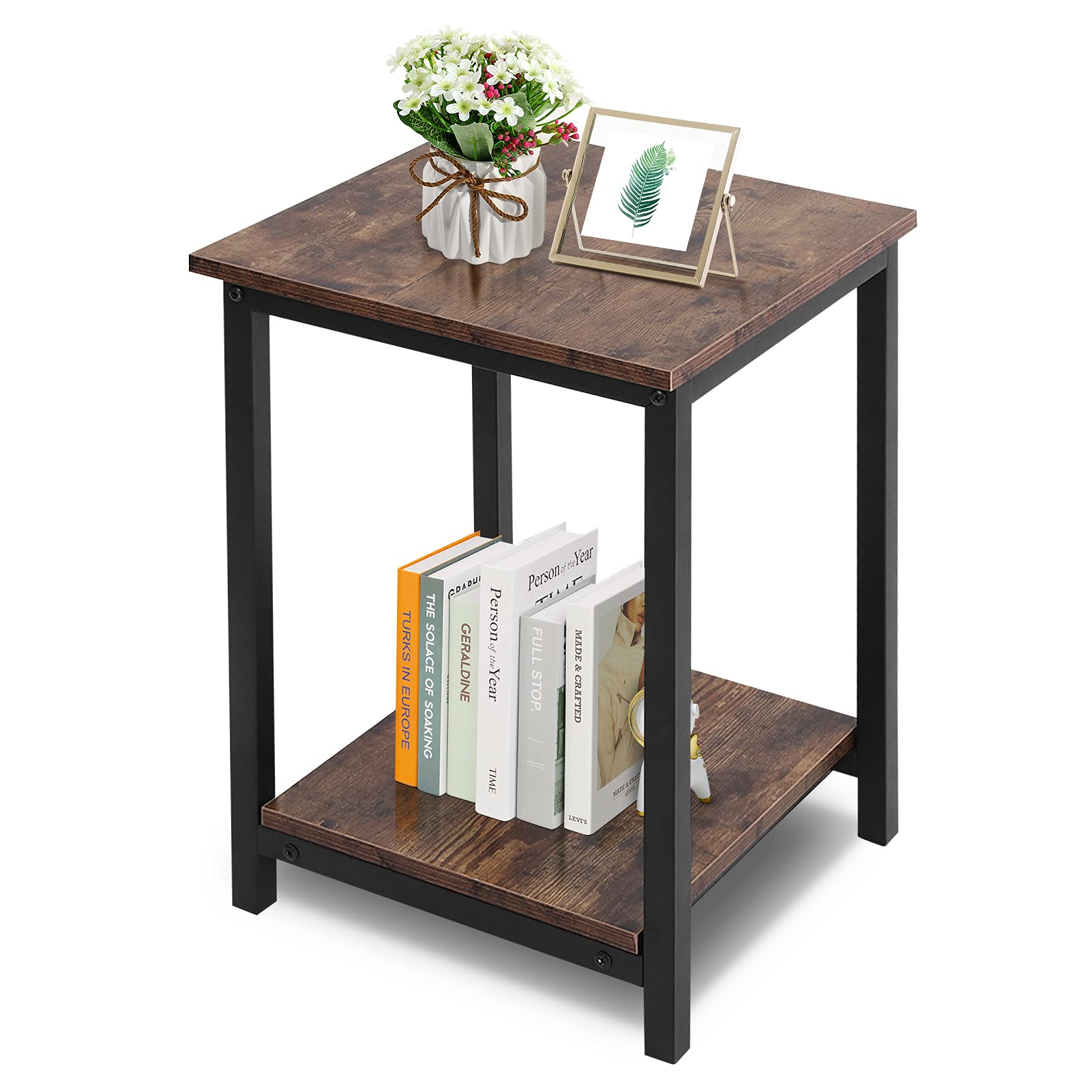 Rustic End Table, Double Layer Side Table Industrial Coffee Desk Side Coffee End Table with Robust Iron Frame As Nightstand End Table Snack Table Telephone Table Sofa Table, 15.7 X 15.7 X 21.7in