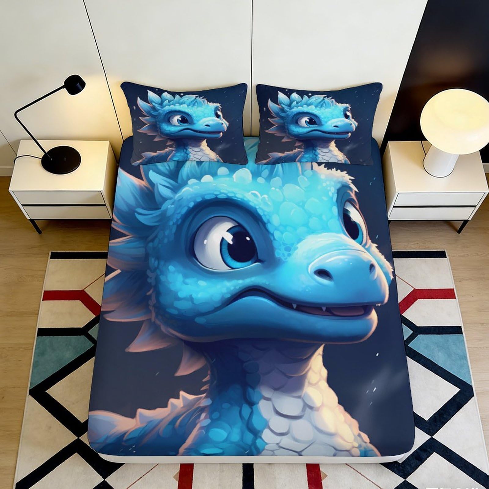 3D Printed Cartoon Dragon Fitted Sheet Microfiber Deep Pocket Bedroom Bedding Set for Adults Cartoon Dragon Mattress Fitted Cover Non-Slip Elastic Washable 140x200x25cm