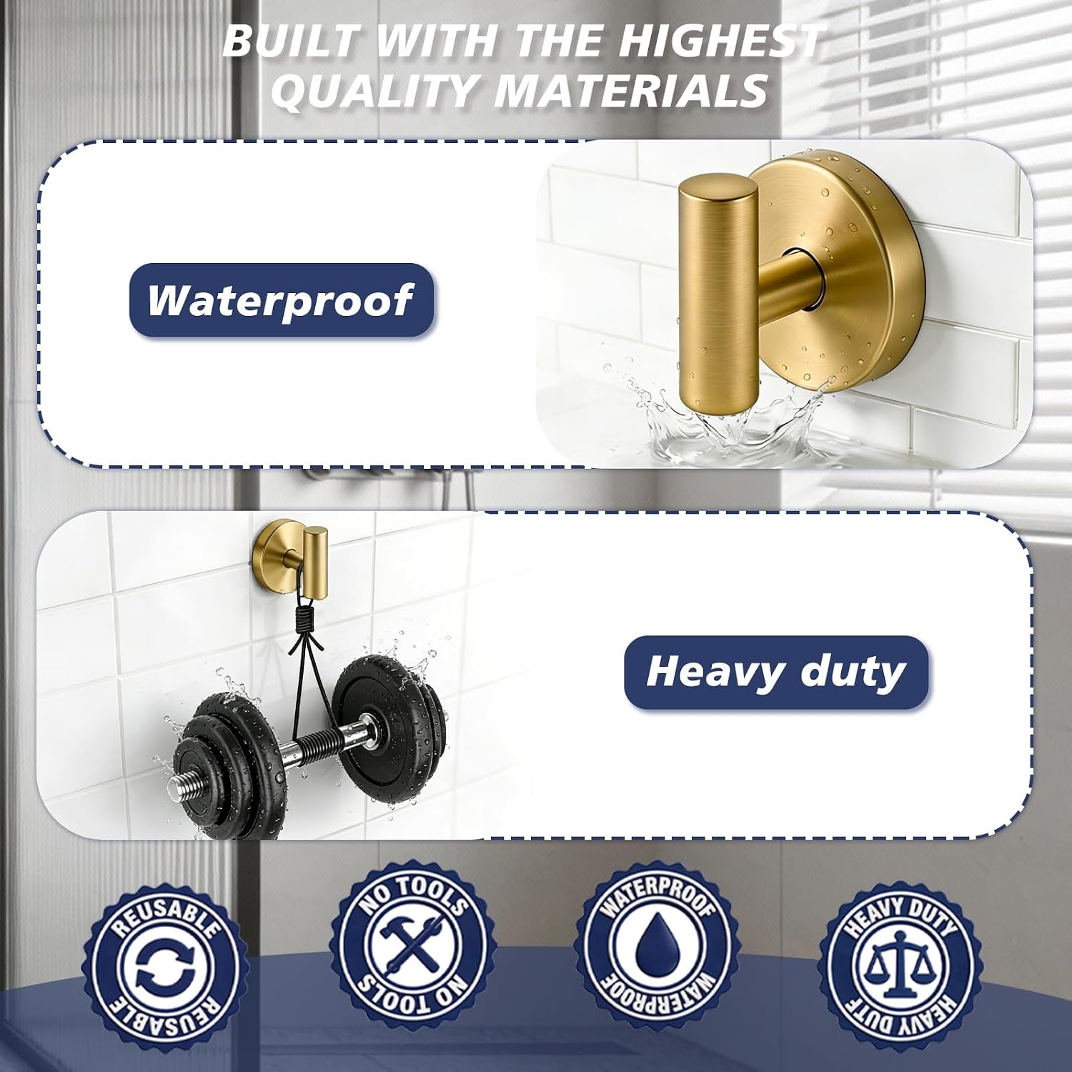 Waterproof No-Drilling Suction Cup Shower Hook, Brushed Gold image 3