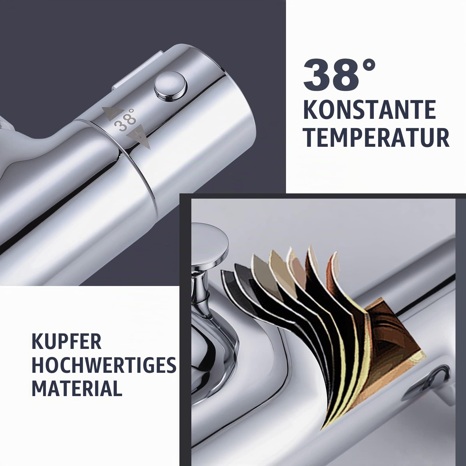 Badewannenarmatur Thermostat, Badewannenarmatur aus Kupfer 38℃ Verbrühschutz Mischbatterie Badewanne mit wassersparend M24 Perlator für Badewanne