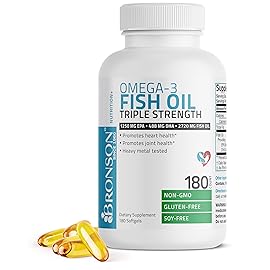 Bronson Omega 3 Fish Oil Triple Strength 2720 mg, High EPA 1250 mg DHA 488 mg, Non-GMO Heavy Metal Tested, 180 Softgels
