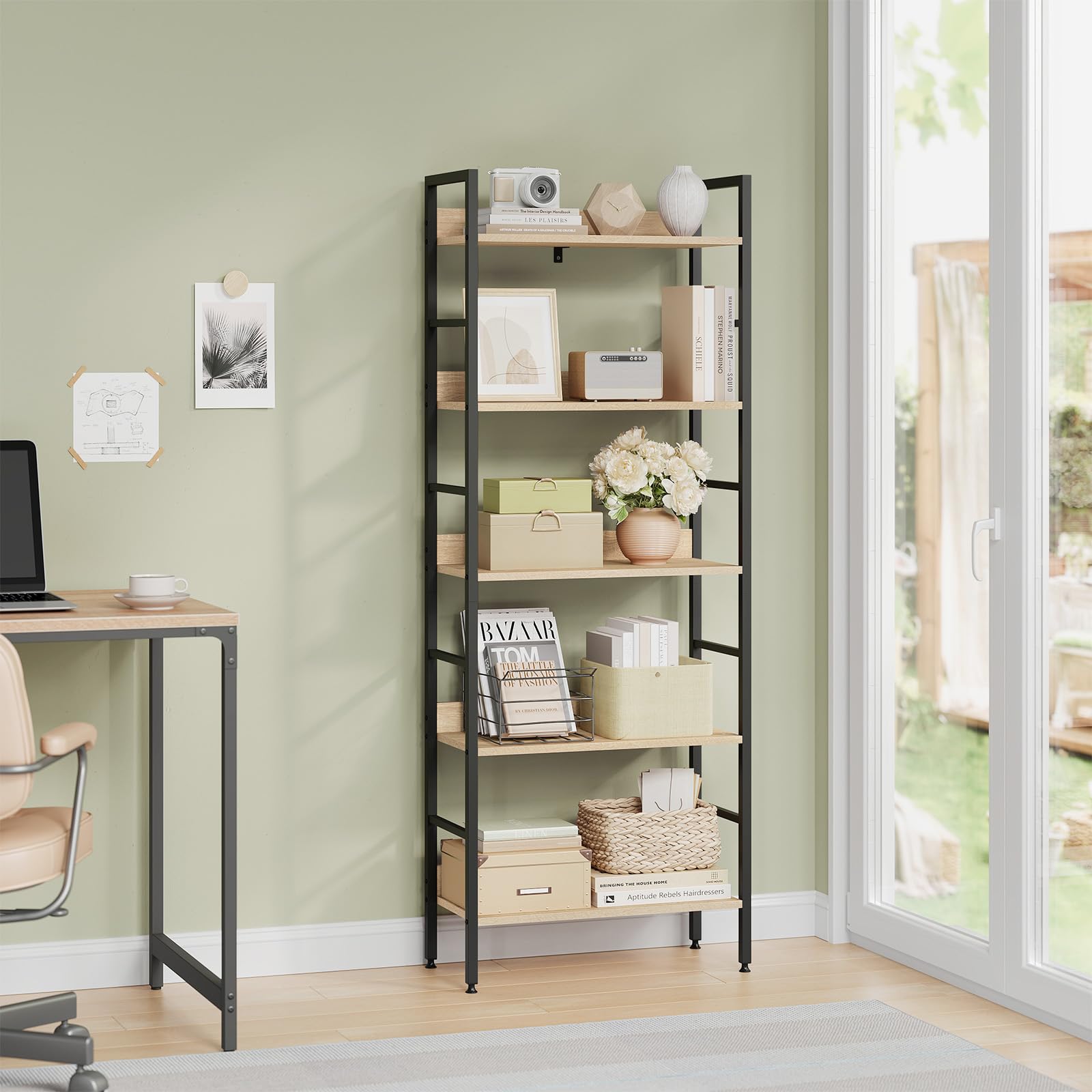 WOLTU Estantería de Pie, Librería 5 Estantes, Estanteria Almacenaje para Salon/Dormitorio/Cocina, 60x27,5x160 cm, Marco Metalico,Negro + Roble Claro