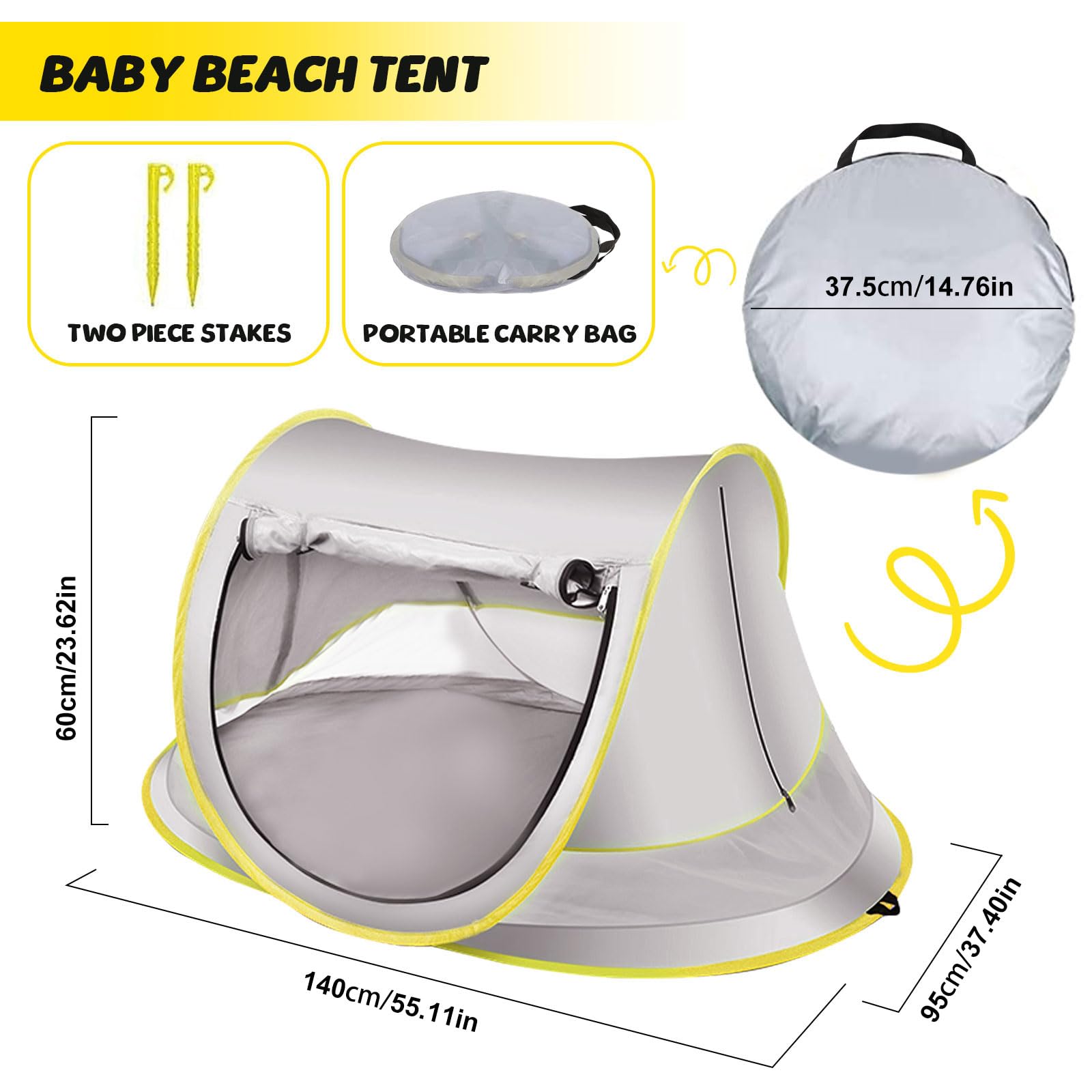 Tenda Pop-Up da Spiaggia, Parasole Portatile, Protezione UV UPF 50, da Piscina con Zanzariera, da Viaggio (Grigio, Max)