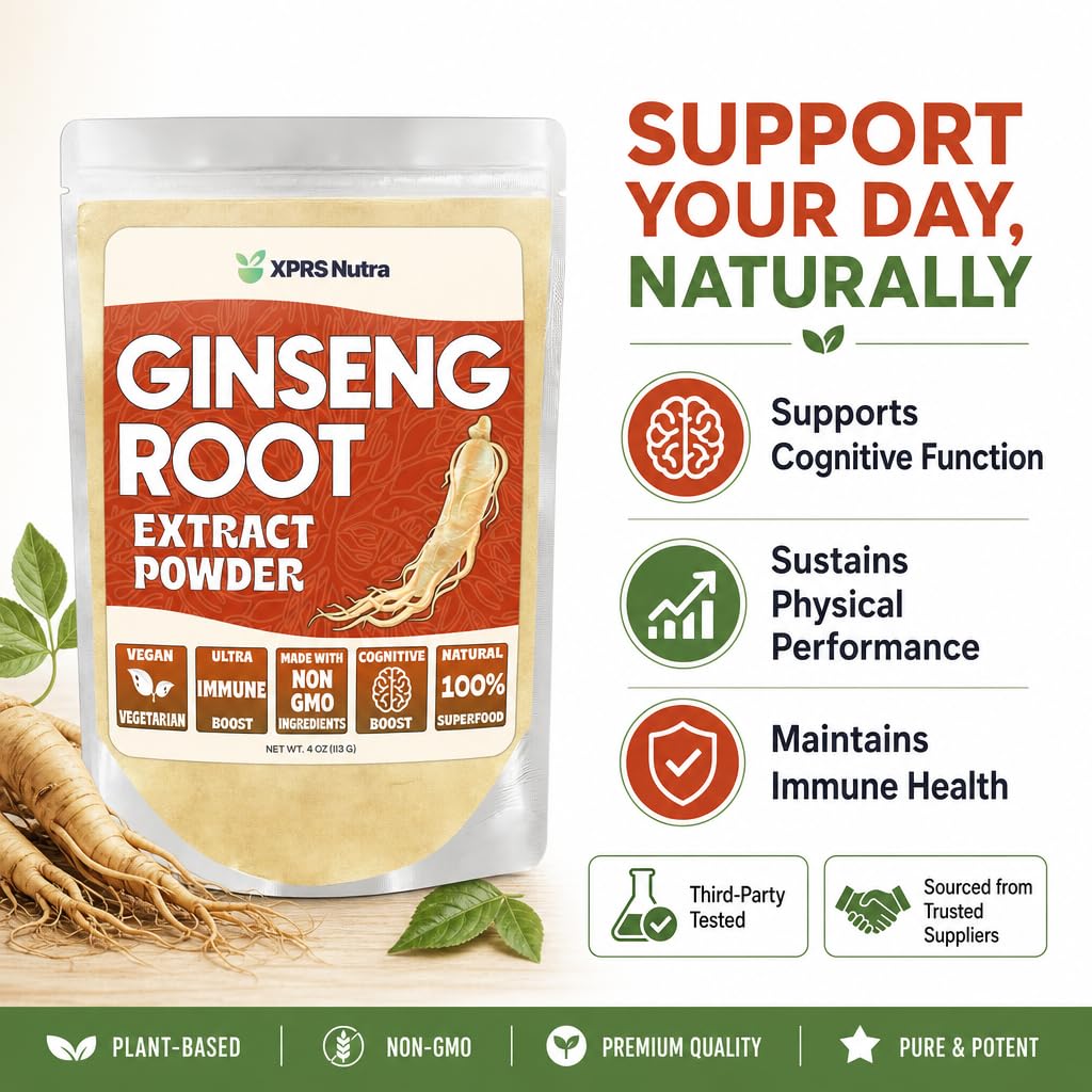 XPRS Nutra Ginseng Root Extract Powder - Ginseng Powder Supports Cognitive Function, Physical Performance, and Immune System - Vegan Friendly Panax Ginseng in Powder Form (4 Ounce) — Amazon image 2