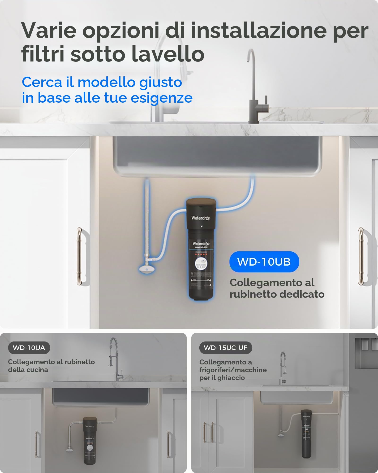 Waterdrop 10UB Filtro dell'Acqua Sistema Inferiore con Rubinetto Dedicato, NSF/ANSI 42 Certificato, 11000 Galloni ad Alto Contenuto di Cloro Capacità di Riduzione del Cloro, Tecnologia USA