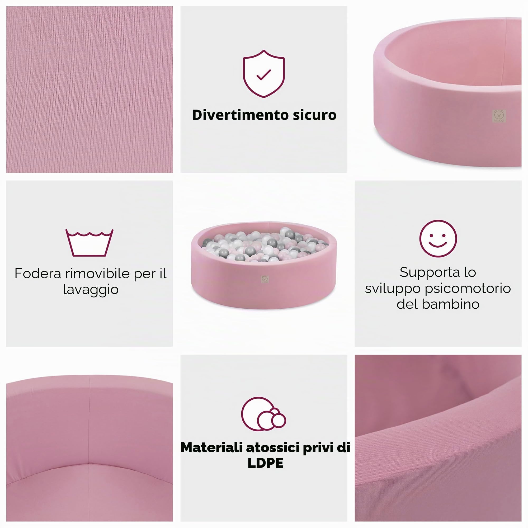 MISIOO Smart Piscina di Palline 90 x 30 cm Rotondo per Bambini (Rosa: Argento-Perla-Rosa chiaro/150 Palle)