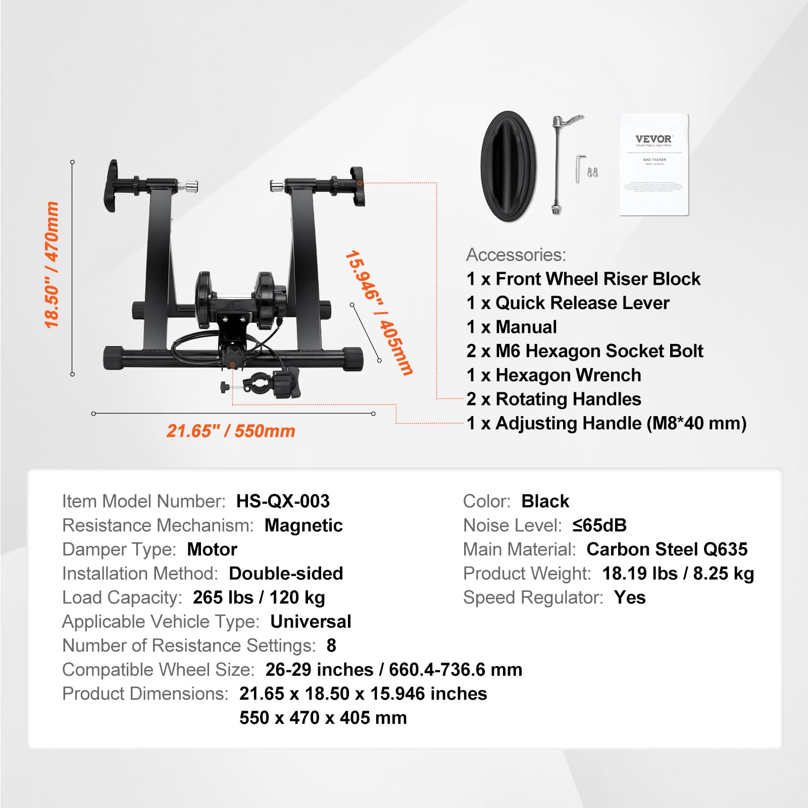 VEVOR Support d'Entraînement pour Vélo, Entraîneur de Vélo Magnétique Stationnaire pour Roues de 66-74 cm, 8 Réglages de Résistance, Moteur à Faible Bruit, Levier à Dégagement Rapide, pour Intérieur